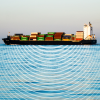 A shipping vessel in the water with sound waves illustrated on the water surface